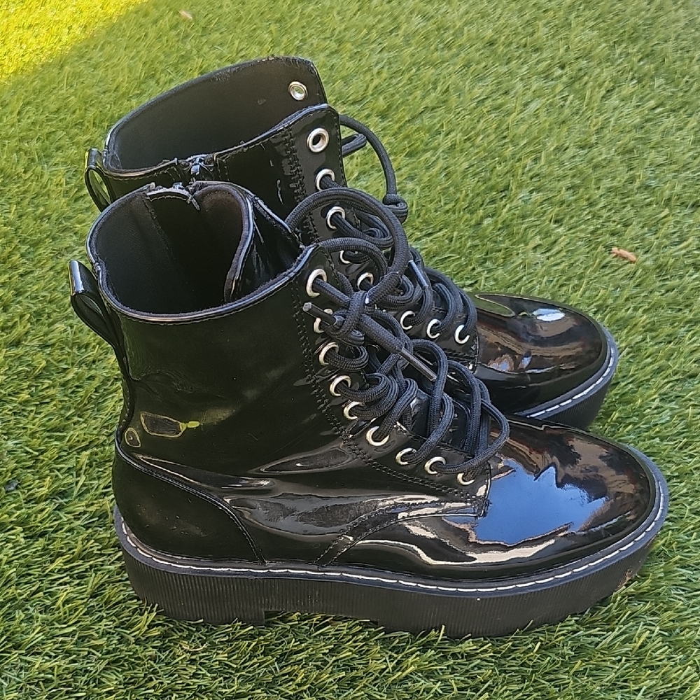 Divided Shiny Black Platform Combat Boots